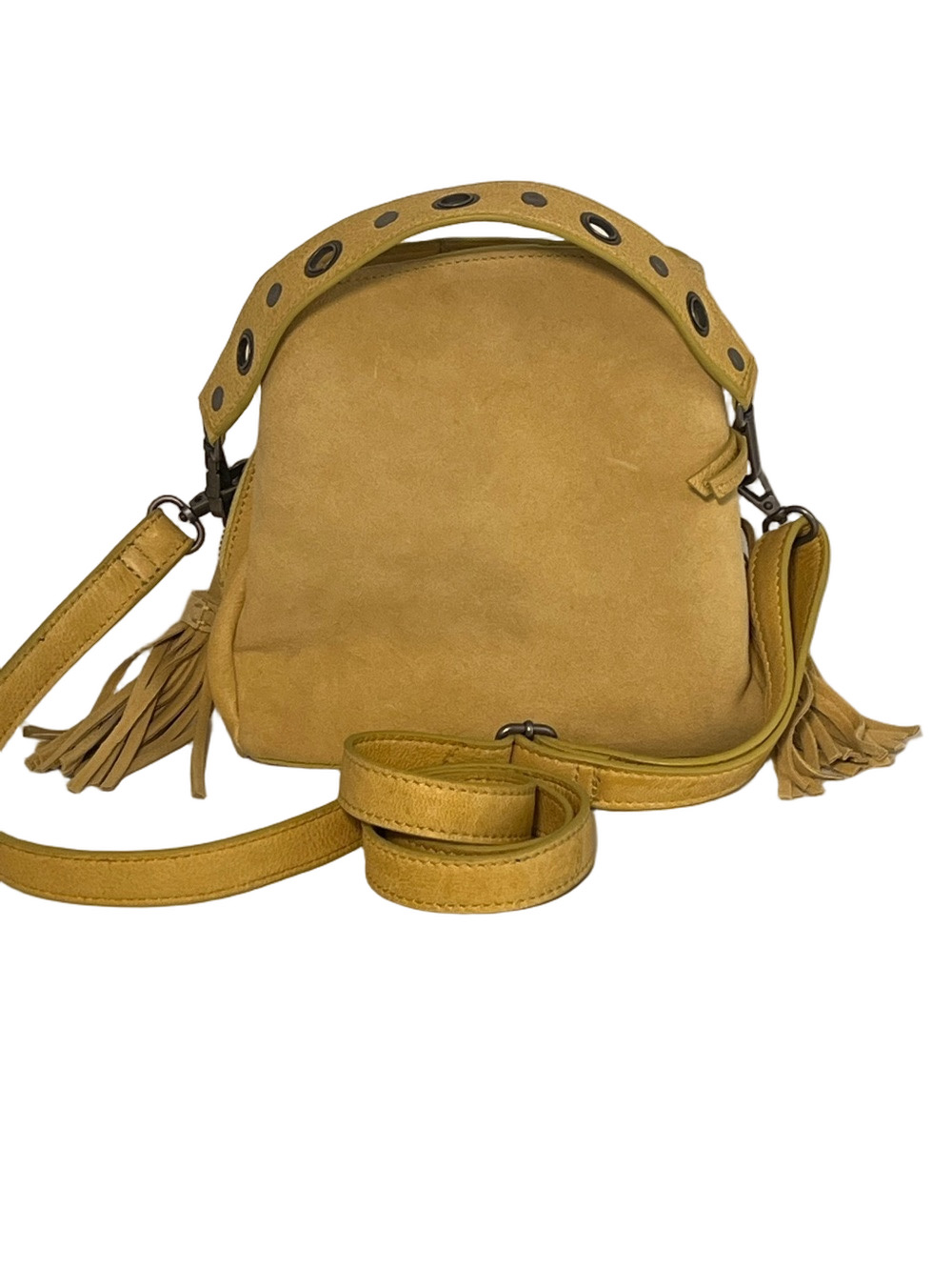 Free People Mustard Suede Sindy Crossbody Bag Removable Grommet Handle Silver